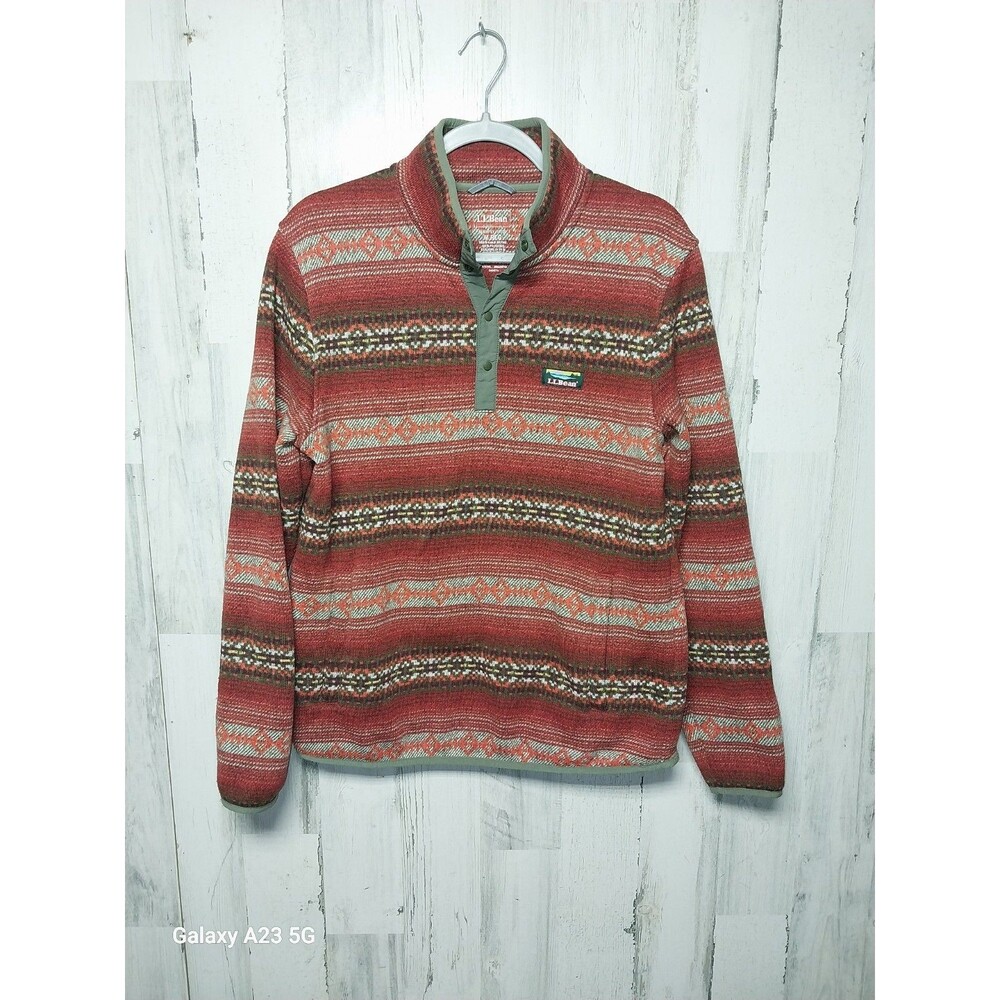 LL Bean Sweater Fleece Mens Med Rustic Red Aztec Print Slightly Fitted Soft